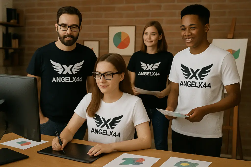 Echipa AngelX44 lucrând în studio la designuri personalizate pe tricouri