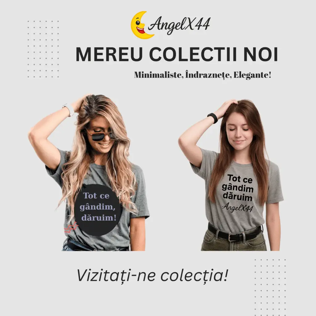 Două femei poartă tricouri gri inscripționate cu mesajul „Tot ce gândim, dăruim!”, promovând colecția AngelX44 de haine minimaliste și elegante.