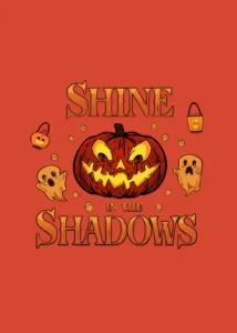 ilustrație halloween cu dovleac luminos și mesaje despre curaj și lumină în întuneric