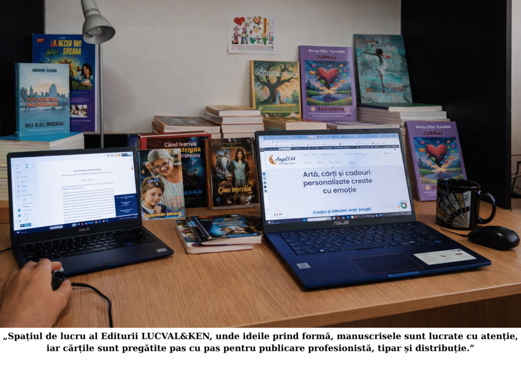 Spațiul de lucru editorial al Editurii LUCVAL&KEN, cu cărți publicate, manuscrise și proces de pregătire pentru tipar și publicare