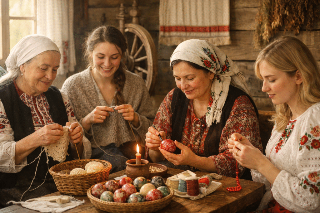 Șezătoare modernă: grup de femei care croșetează, tricotează și încondeiază ouă într-un spațiu cald, luminos, cu atmosferă de comunitate artizanală.