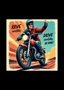 motociclist stil retro care transmite mesaj de condus responsabil și grijă pentru drum și planetă