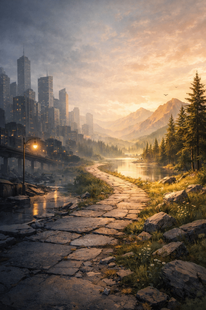 Drum simbolic dintre oraș și natură, sugerând tranziția de la agitație la liniște și reconectare interioară