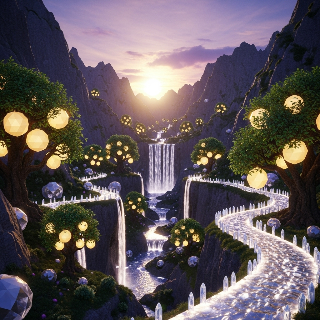 Peisaj oniric cu un drum luminos între cer și vale, simbol al tranziției, schimbării și continuității interioare