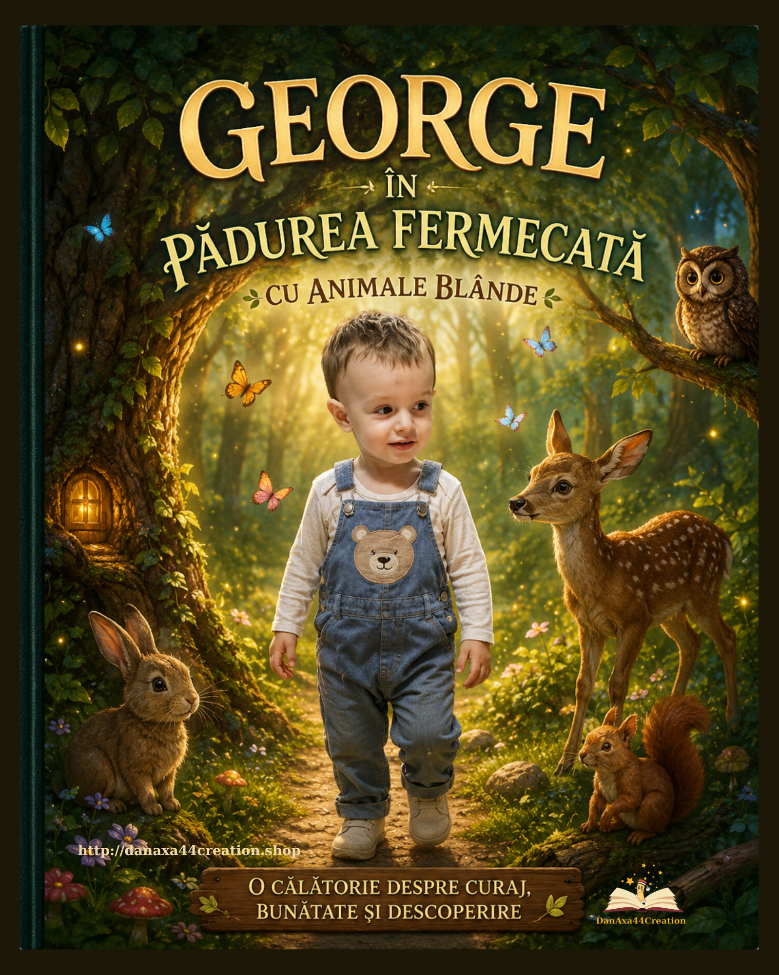 Coperta cărții personalizate pentru copii „George în Pădurea Fermecată”, o aventură magică despre curaj, adevăr, bunătate și descoperirea valorilor prin întâlniri cu personaje fermecate ale pădurii.
