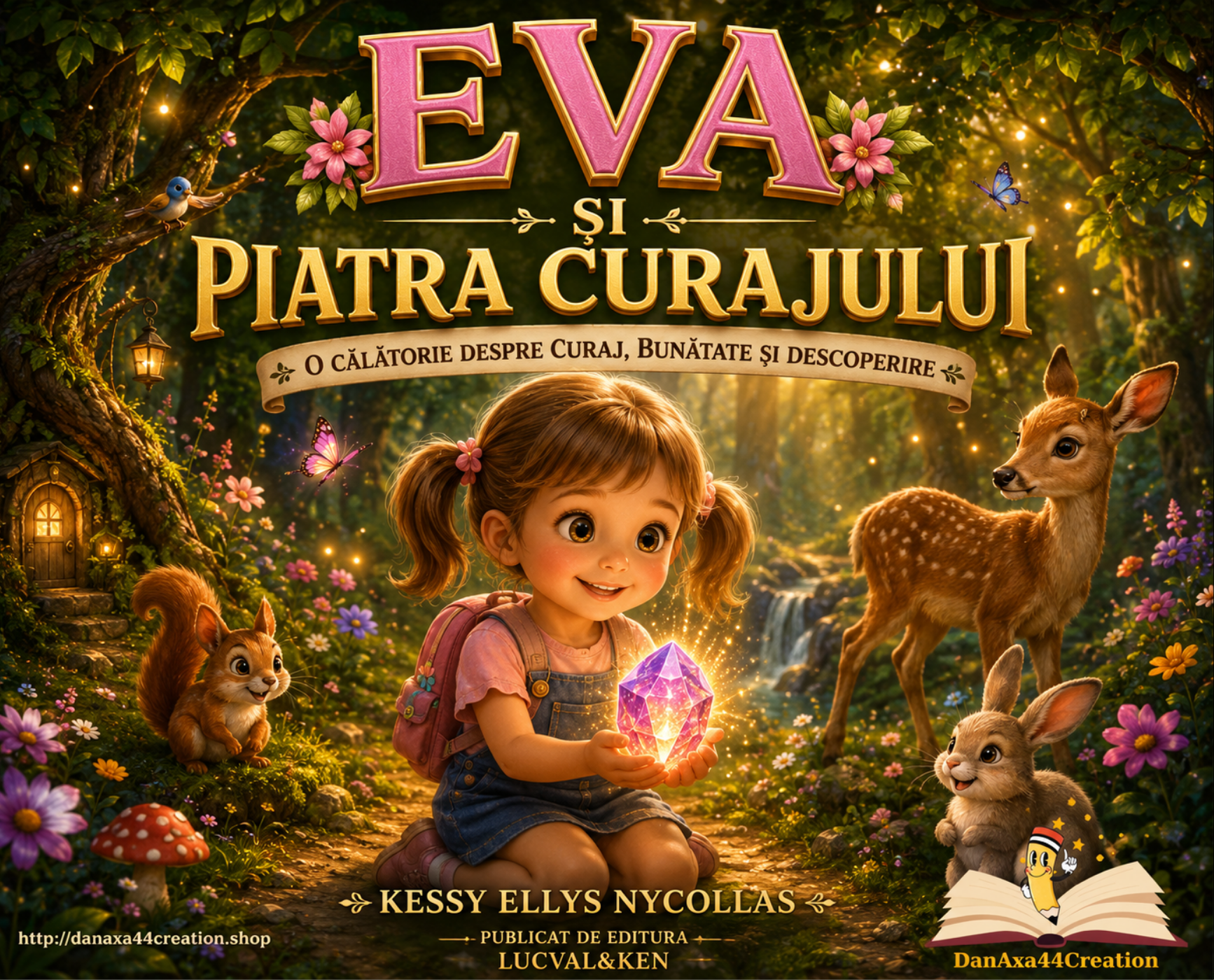 Eva și Piatra Curajului – carte personalizată pentru copii despre curaj, încredere în sine și dezvoltare emoțională, ilustrată cu scene magice, o fetiță curajoasă și Piatra Curajului într-o aventură fermecată plină de lumină și descoperiri.