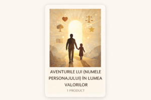 „Copil explorând o lume luminoasă a valorilor, cu simboluri ale curajului, prieteniei și bunătății.”