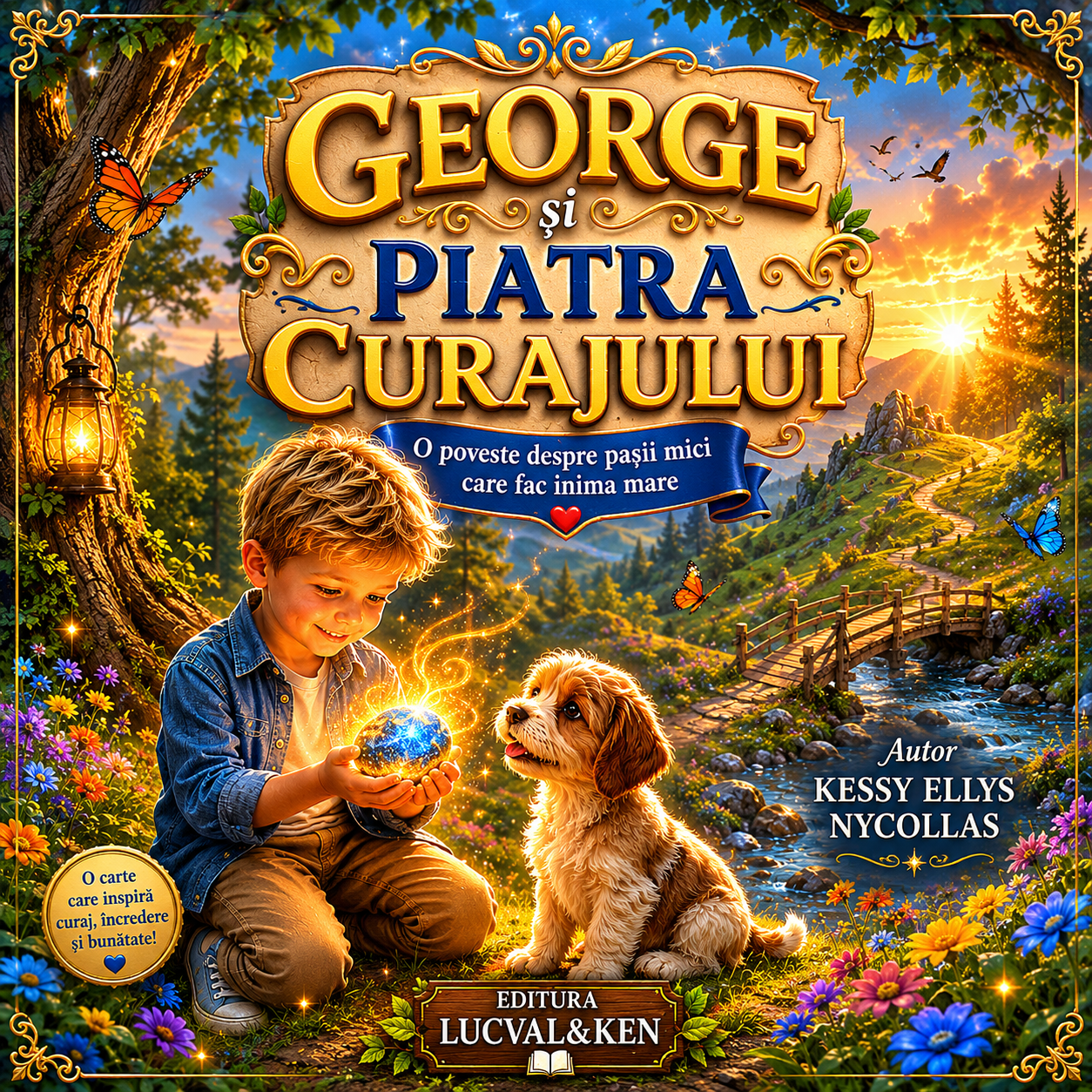 Coperta cărții George și Piatra Curajului, o poveste ilustrată pentru copii despre curaj, prietenie și descoperirea puterii interioare.
