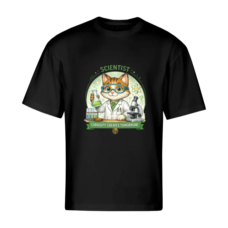 Tricou Scientist cu pisică cercetător – Curiosity Creates Tomorrow, colecția VALORIS