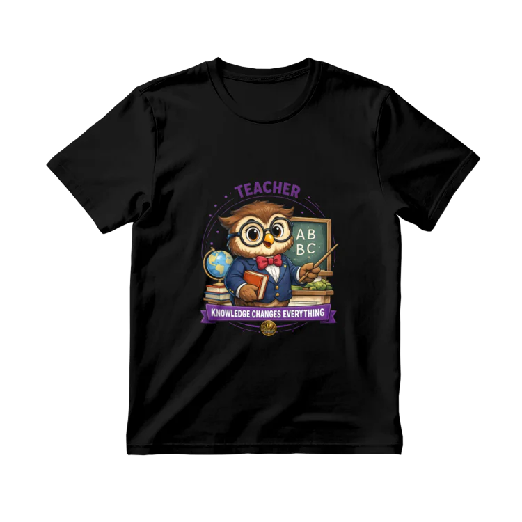 Tricou Teacher cu bufniță profesor – Knowledge Changes Everything, colecția VALORIS