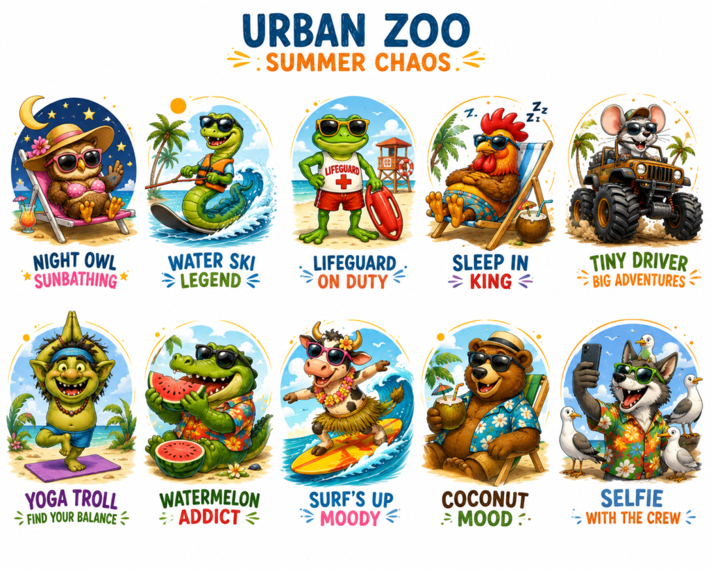 „Ilustrație Urban Zoo Summer Chaos cu 10 personaje animale în activități de vară, design colorat și jucăuș.”